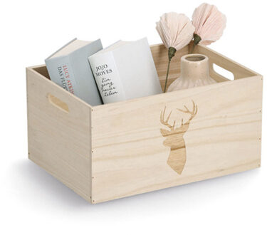Opberg box/kist - naturel - hout - gestempeld hertenmotief - 35 x 25 x 18 cm