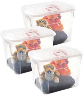 opberg kist met deksel - 3x - Box - 75 liter - 60 x 42 x 43cm - kunststof - transparant