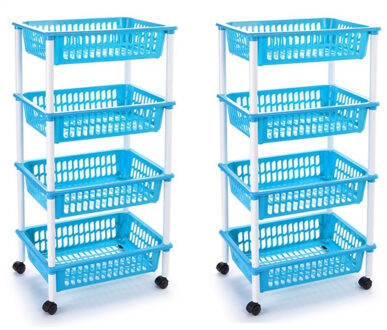 opberg trolley - roltafel - met 4 manden - blauw - set 2x stuks - 40 x 50 x 85 cm