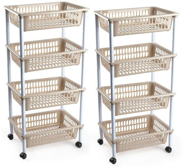 opberg trolley - roltafel - met 4 manden - taupe - set 2x stuks - 40 x 50 x 85 cm