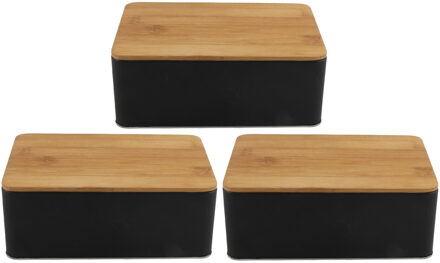 Opbergblik - 3x stuks - zwart met bamboe deksel - 1,7L - 19 x 13 x 7 cm - bewaarblik - koektrommel