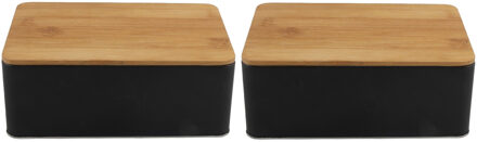 Opbergblik - set van 2x stuks - zwart met bamboe deksel - 1,7L - 19 x 13 x 7 cm - bewaarblik - koekt