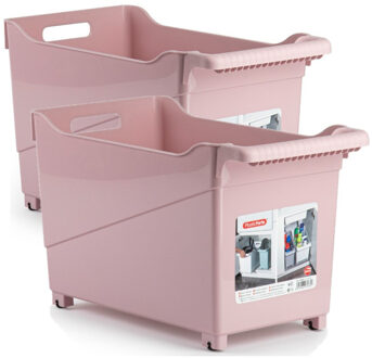 Opbergbox - Set van 2x stuks - roze - 45 x 24 cm - kunststof - op wieltjes