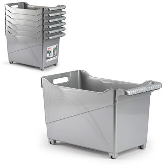 Opbergbox - Set van 4x stuks - zilver - 45 x 24 cm - kunststof - op wieltjes