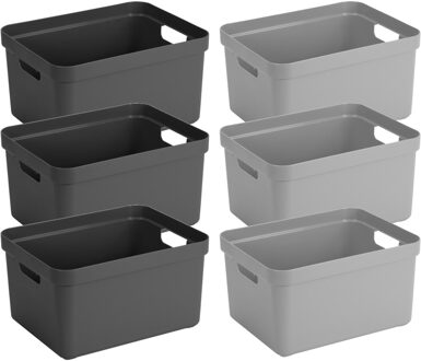 opbergboxen/opbergmanden - 6x stuks - 32 liter - kunststof - 45 x 35 x 24 cm - zwart/grijs
