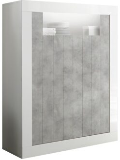 Opbergkast Urbino 144 cm hoog in hoogglans wit met grijs beton Wit,Hoogglans wit