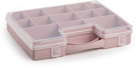 Opbergkoffertje/opbergdoos/sorteerbox 13-vaks kunststof oud roze 27 x 20 x 3 cm - Opbergbox