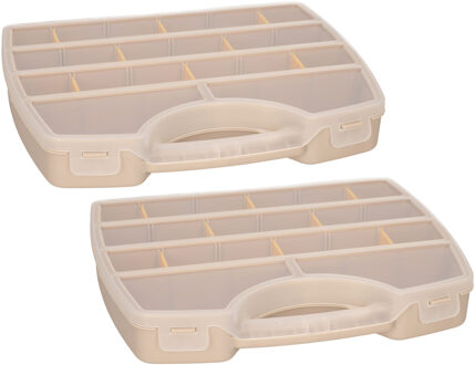 Opbergkoffertje/opbergdoos/sorteerbox - 2x - 13-vaks - kunststof - beige - 25 x 21 x 4 cm