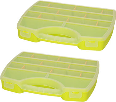 Opbergkoffertje/opbergdoos/sorteerbox - 2x - 13-vaks - kunststof - groen - 25 x 21 x 4 cm