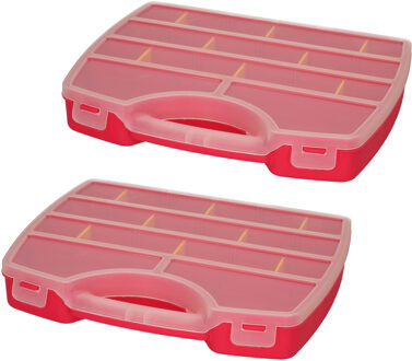 Opbergkoffertje/opbergdoos/sorteerbox - 2x - 13-vaks - kunststof - roze - 25 x 21 x 4 cm