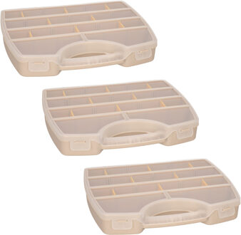 Opbergkoffertje/opbergdoos/sorteerbox - 3x - 13-vaks - kunststof - beige - 25 x 21 x 4 cm