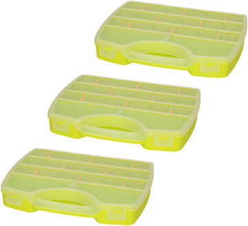 Opbergkoffertje/opbergdoos/sorteerbox - 3x - 13-vaks - kunststof - groen - 25 x 21 x 4 cm