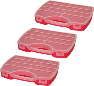 Opbergkoffertje/opbergdoos/sorteerbox - 3x - 13-vaks - kunststof - roze - 25 x 21 x 4 cm