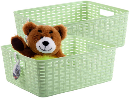 Opbergmand - 2x - Kastmand - rotan kunststof - lichtgroen - 12 Liter - 30 x 37 x 13 cm