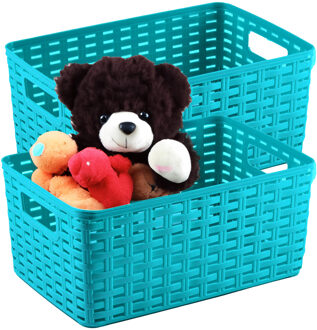 Opbergmand - 2x - Kastmand - rotan kunststof - turquoise blauw - 12 Liter - 30 x 37 x 13 cm