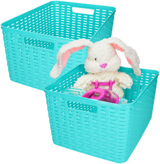 Opbergmand - 2x - Kastmand - rotan kunststof - turquoise blauw - 18 Liter - 29 x 39 x 20 cm