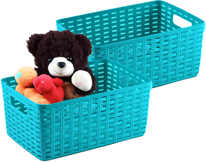 Opbergmand - 2x - Kastmand - rotan kunststof - turquoise blauw - 6 Liter - 19 x 29 x 13 cm
