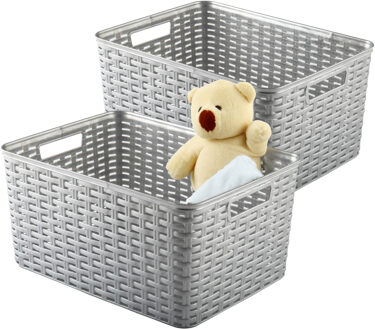 Opbergmand - 2x - Kastmand - rotan kunststof - zilvergrijs - 18 Liter - 29 x 39 x 20 cm