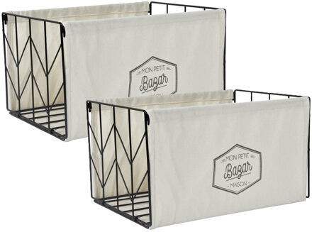 Opbergmand - 2x - Opbergbox - zwart/creme - metaal/stof - 38 x 22 x 28 cm