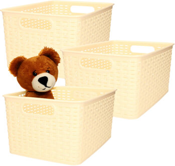 Opbergmand - 3x - Kastmand - rotan kunststof - beige/geel - 10 Liter - 22 x 33 x 16 cm