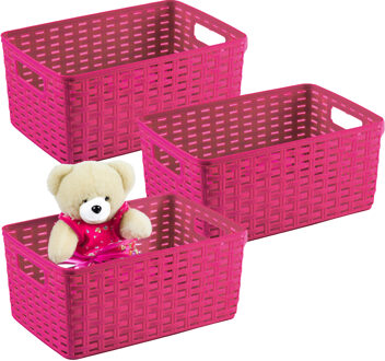 Opbergmand - 3x - Kastmand - rotan kunststof - fuchsia roze - 10 Liter - 22 x 33 x 16 cm