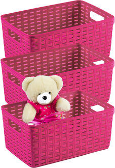 Opbergmand - 3x - Kastmand - rotan kunststof - fuchsia roze - 12 Liter - 30 x 37 x 13 cm