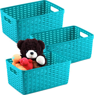 Opbergmand - 3x - Kastmand - rotan kunststof - turquoise blauw - 10 Liter - 22 x 33 x 16 cm