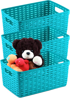 Opbergmand - 3x - Kastmand - rotan kunststof - turquoise blauw - 12 Liter - 30 x 37 x 13 cm
