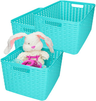 Opbergmand - 3x - Kastmand - rotan kunststof - turquoise blauw - 18 Liter - 29 x 39 x 20 cm