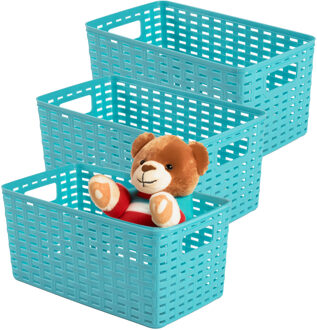 Opbergmand - 3x - Kastmand - rotan kunststof - turquoise blauw - 5 Liter - 15 x 28 x 13 cm