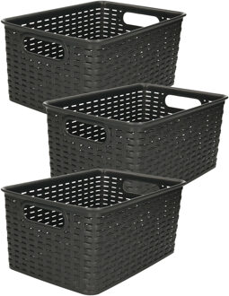 Opbergmand - 3x - Kastmand - rotan kunststof - zwart - 6 Liter - 19 x 29 x 13 cm