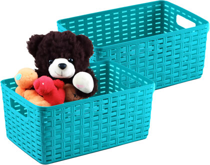 Opbergmand - 4x - Kastmand - rotan kunststof - turquoise blauw - 10 Liter - 22 x 33 x 16 cm