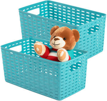 Opbergmand - 4x - Kastmand - rotan kunststof - turquoise blauw - 5 Liter - 15 x 28 x 13 cm