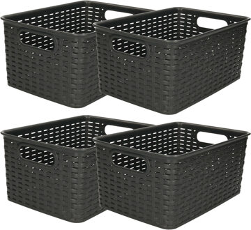 Opbergmand - 4x - Kastmand - rotan kunststof - zwart - 6 Liter - 19 x 29 x 13 cm