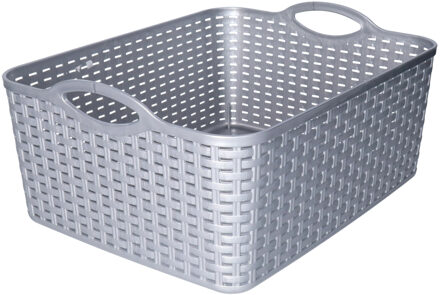 Opbergmand/kastmandje - 11 liter - zilver - gevlochten kunststof - 35 x 28 x 16 cm