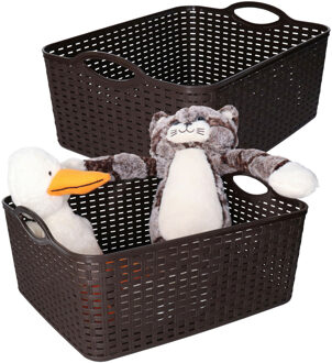 Opbergmand/kastmandje - 2x - 11 liter - donkerbruin - gevlochten kunststof - 35 x 28 x 16 cm