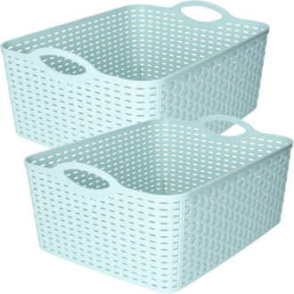 Opbergmand/kastmandje - 2x - 11 liter - mintgroen - gevlochten kunststof - 35 x 28 x 16 cm