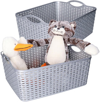 Opbergmand/kastmandje - 2x - 11 liter - zilver - gevlochten kunststof - 35 x 28 x 16 cm