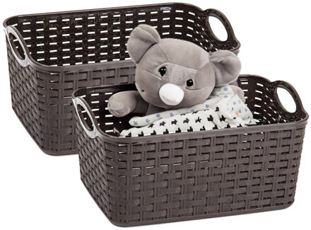 Opbergmand/kastmandje - 2x - 12 liter - donkerbruin - gevlochten kunststof - 33 x 24 x 21 cm