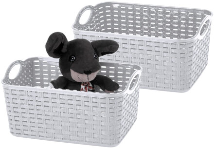 Opbergmand/kastmandje - 2x - 12 liter - zilver - gevlochten kunststof - 33 x 24 x 21 cm