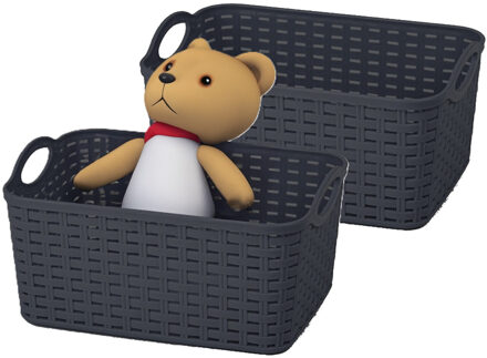 Opbergmand/kastmandje - 2x - 12 liter - zwart - gevlochten kunststof - 33 x 24 x 21 cm