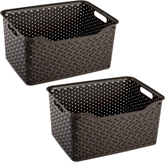Opbergmand/kastmandje - 2x stuks - 18 liter - donkerbruin - kunststof - 29 x 39 x 19 cm