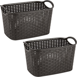Opbergmand/kastmandje - 2x stuks - 19 liter - donkerbruin - kunststof - 29 x 39 x 25 cm