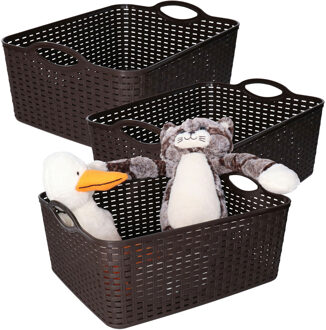 Opbergmand/kastmandje - 3x - 11 liter - donkerbruin - gevlochten kunststof - 35 x 28 x 16 cm