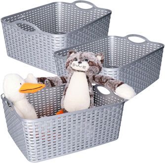 Opbergmand/kastmandje - 3x - 11 liter - zilver - gevlochten kunststof - 35 x 28 x 16 cm