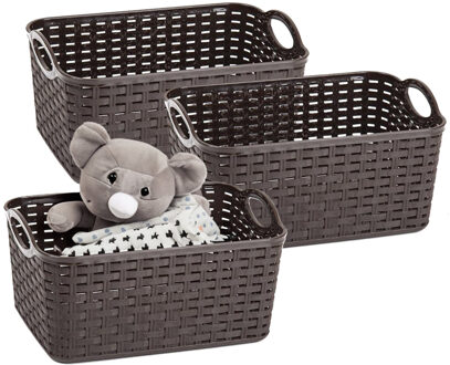 Opbergmand/kastmandje - 3x - 12 liter - donkerbruin - gevlochten kunststof - 33 x 24 x 21 cm