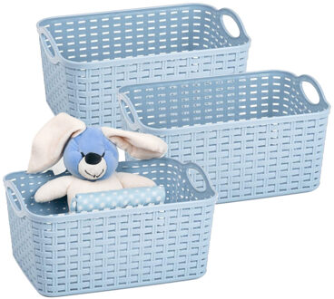 Opbergmand/kastmandje - 3x - 12 liter - ijsblauw - gevlochten kunststof - 33 x 24 x 21 cm