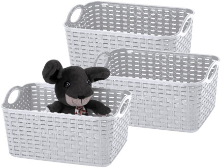 Opbergmand/kastmandje - 3x - 12 liter - zilver - gevlochten kunststof - 33 x 24 x 21 cm