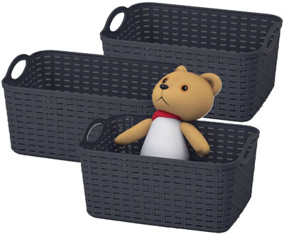 Opbergmand/kastmandje - 3x - 12 liter - zwart - gevlochten kunststof - 33 x 24 x 21 cm