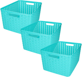 Opbergmand/kastmandje - 3x stuks - 18 liter - blauw - kunststof - 28 x 38 x 19 cm